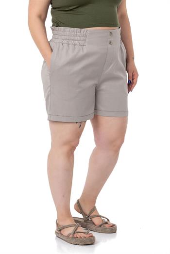 Plus Size Gabardine Stone Shorts with Elastic Waist Side and Back and Fold Detail