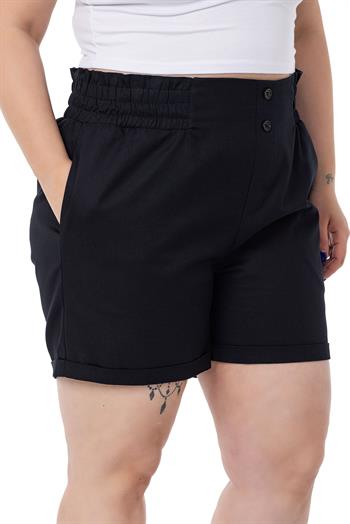 Plus Size Gabardine Black Shorts with Elastic Waist Side and Back and Fold Detail