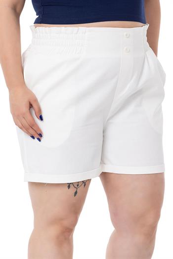 Plus Size Gabardine White Shorts with Elastic Waist Side and Back and Fold Detail