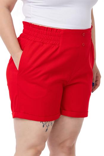 Plus Size Gabardine Red Shorts with Elastic Waist Side and Back and Fold Detail