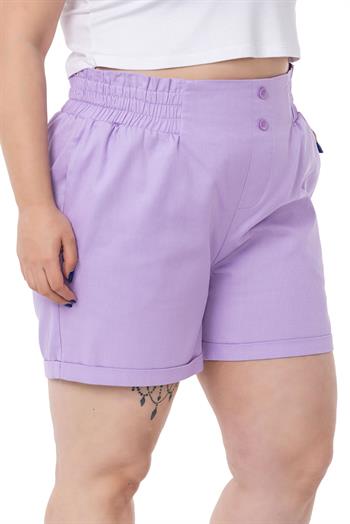 Plus Size Gabardine Lilac Shorts with Elastic Waist Side and Back and Fold Detail