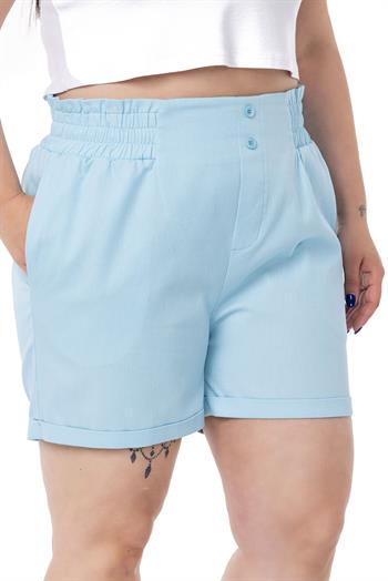 Plus Size Gabardine Baby Blue Shorts with Elastic Waist Side and Back and Fold Detail
