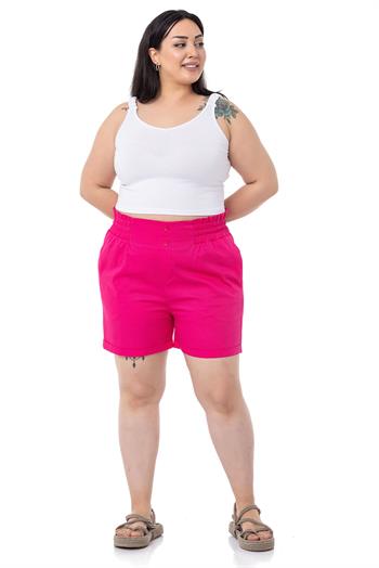 Plus Size Gabardine Fuchsia Shorts with Elastic Waist Side and Back and Fold Detail