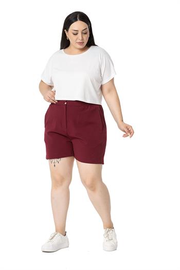 Plus Size Burgundy Shorts with Side and Back Elastic Waist Pockets