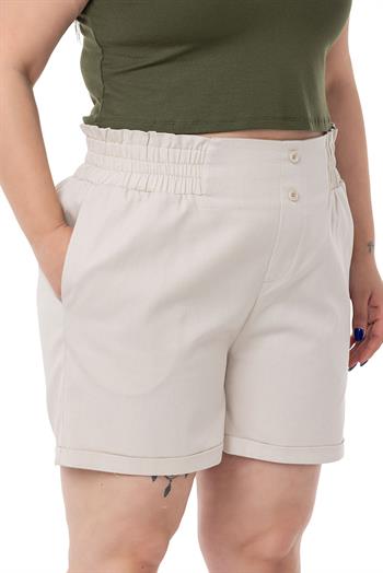 Plus Size Gabardine Beige Shorts with Elastic Waist Side and Back and Fold Detail