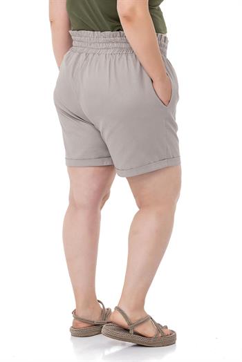 Plus Size Gabardine Stone Shorts with Elastic Waist Side and Back and Fold Detail