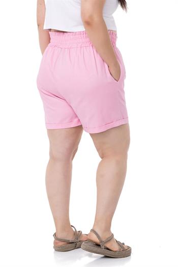 Plus Size Gabardine Pink Shorts with Elastic Waist Side and Back and Fold Detail