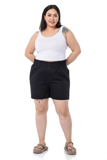 Plus Size Gabardine Black Shorts with Elastic Waist Side and Back and Fold Detail