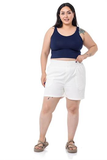 Plus Size Gabardine White Shorts with Elastic Waist Side and Back and Fold Detail