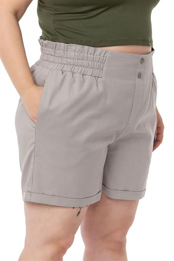 Plus Size Gabardine Stone Shorts with Elastic Waist Side and Back and Fold Detail