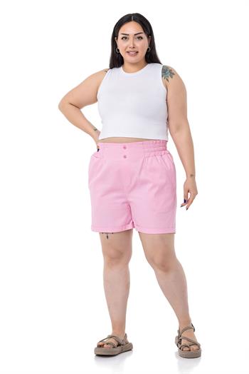 Plus Size Gabardine Pink Shorts with Elastic Waist Side and Back and Fold Detail