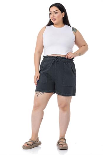 Plus Size Black Shorts with Dyed Pockets Elastic and Drawstring Waist Relaxed Cut