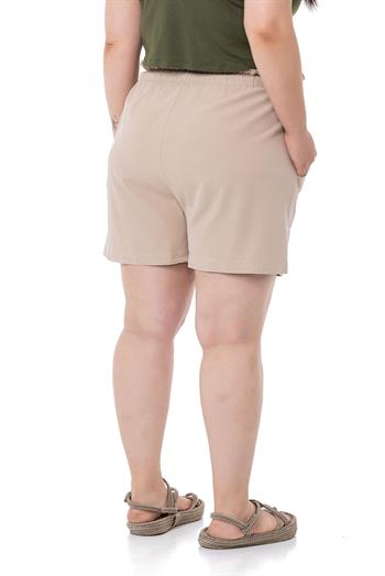 Plus Size Beige Shorts with Dyed Pockets Elastic and Drawstring Waist Relaxed Cut