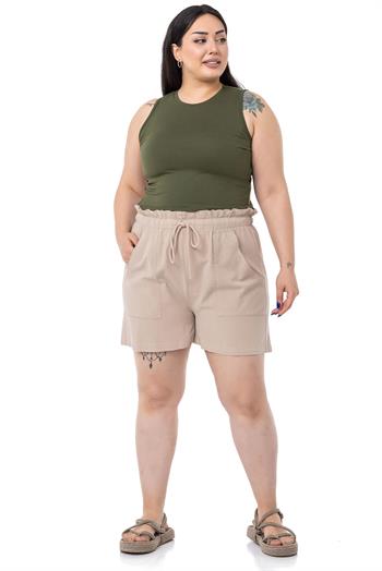 Plus Size Beige Shorts with Dyed Pockets Elastic and Drawstring Waist Relaxed Cut