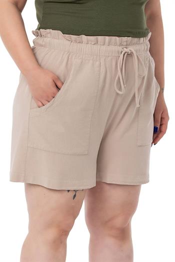 Plus Size Beige Shorts with Dyed Pockets Elastic and Drawstring Waist Relaxed Cut