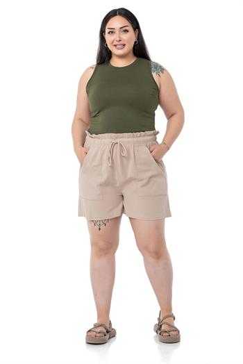 Plus Size Beige Shorts with Dyed Pockets Elastic and Drawstring Waist Relaxed Cut