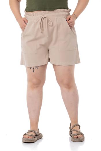 Plus Size Beige Shorts with Dyed Pockets Elastic and Drawstring Waist Relaxed Cut