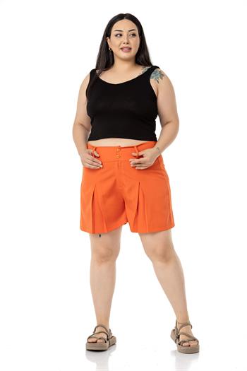 Büyük Beden Pile Detaylı Beli Lastikli Turuncu Şort