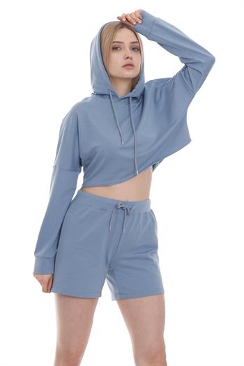 Kapüşonlu Bağcık Detaylı Crop Mavi Sweatshirt