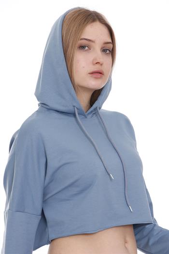 Kapüşonlu Bağcık Detaylı Crop Mavi Sweatshirt