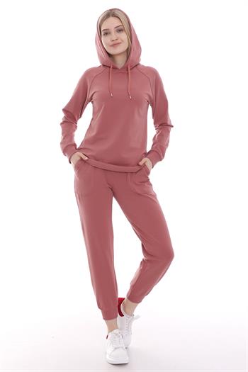 Kapüşonlu Uzun Kollu Bağcık Detaylı Gül Kurusu Sweatshirt