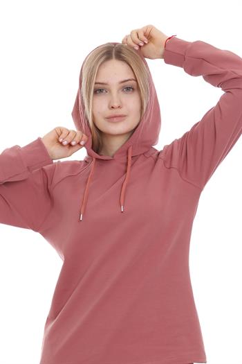 Kapüşonlu Uzun Kollu Bağcık Detaylı Gül Kurusu Sweatshirt