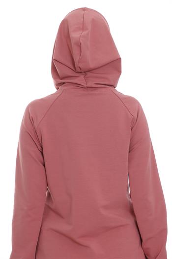 Kapüşonlu Uzun Kollu Bağcık Detaylı Gül Kurusu Sweatshirt