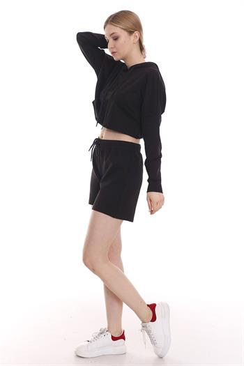 Kapüşonlu Bağcık Detaylı Crop Siyah Sweatshirt