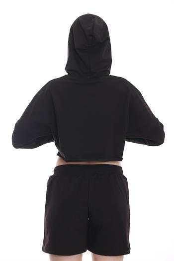 Kapüşonlu Bağcık Detaylı Crop Siyah Sweatshirt