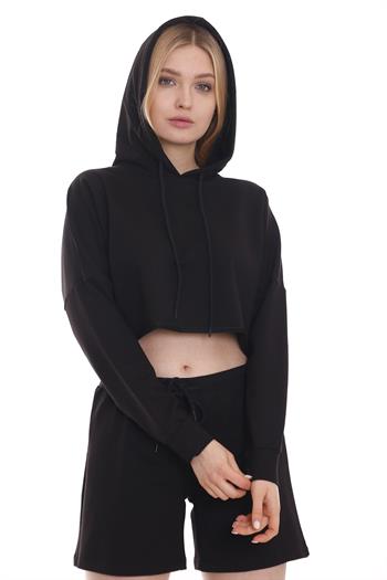 Kapüşonlu Bağcık Detaylı Crop Siyah Sweatshirt