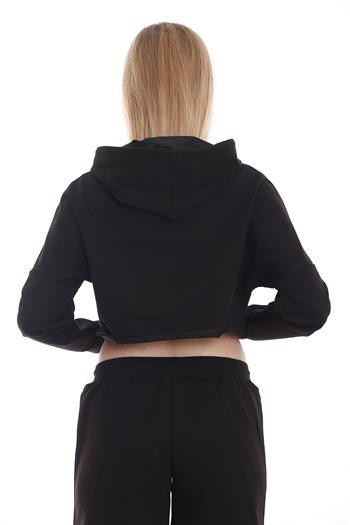 Kapüşonlu Bağcık Detaylı Crop Siyah Sweatshirt