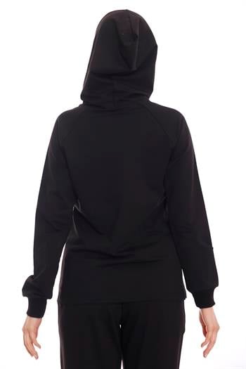 Kapüşonlu Uzun Kollu Bağcık Detaylı Siyah Sweatshirt
