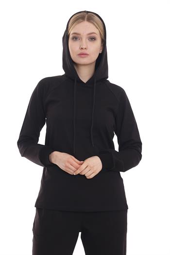 Kapüşonlu Uzun Kollu Bağcık Detaylı Siyah Sweatshirt
