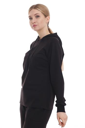 Kapüşonlu Uzun Kollu Bağcık Detaylı Siyah Sweatshirt