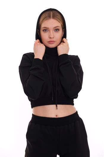 Kapüşonlu Uzun Kollu Balıkçı Yaka Crop Siyah Sweatshirt
