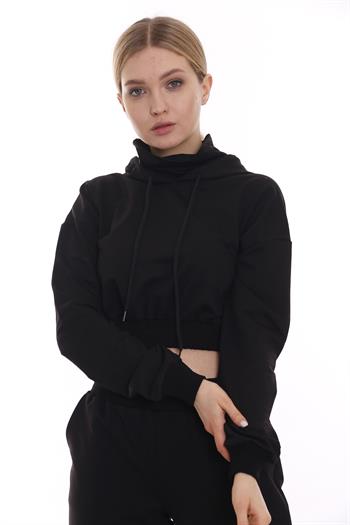 Kapüşonlu Uzun Kollu Balıkçı Yaka Crop Siyah Sweatshirt