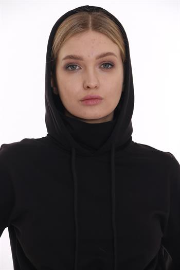 Kapüşonlu Uzun Kollu Balıkçı Yaka Crop Siyah Sweatshirt