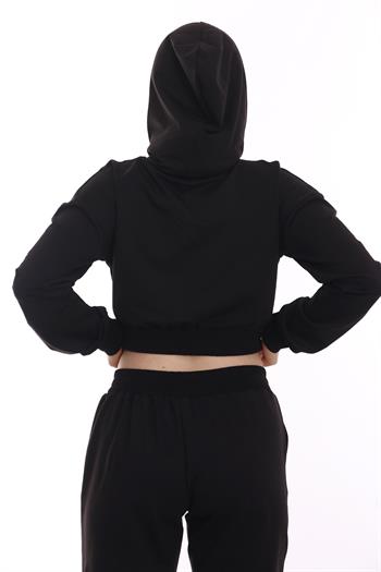 Kapüşonlu Uzun Kollu Balıkçı Yaka Crop Siyah Sweatshirt
