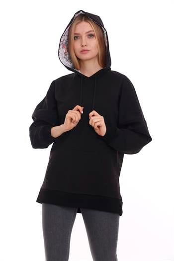 Kapüşonu Çiçek Desenli Uzun Kollu Kanguru Cepli Oversize Siyah Sweatshirt