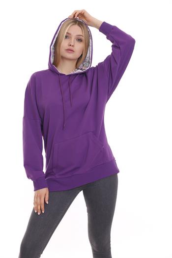 Kapüşonu Çiçek Desenli Uzun Kollu Kanguru Cepli Oversize Mor Sweatshirt