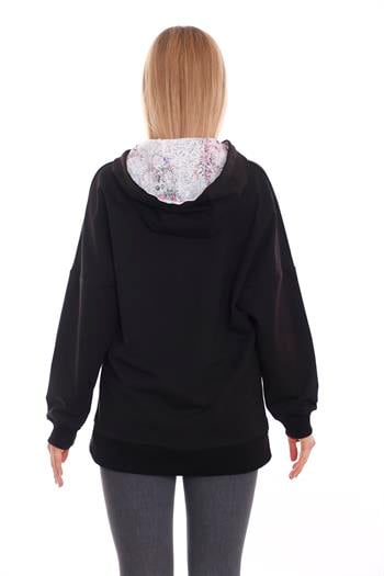 Kapüşonu Çiçek Desenli Uzun Kollu Kanguru Cepli Oversize Siyah Sweatshirt