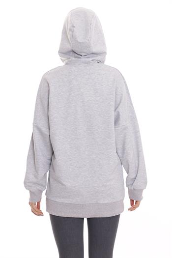 Kapüşonu Çiçek Desenli Uzun Kollu Kanguru Cepli Oversize Gri Sweatshirt