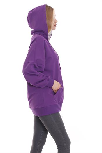 Kapüşonu Çiçek Desenli Uzun Kollu Kanguru Cepli Oversize Mor Sweatshirt