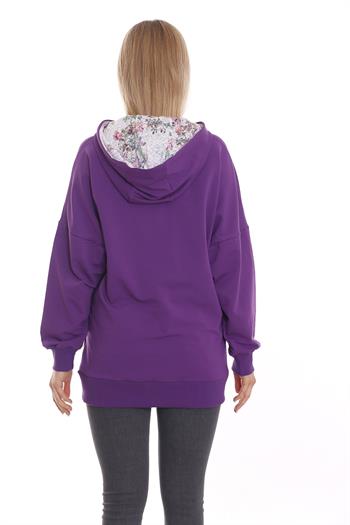 Kapüşonu Çiçek Desenli Uzun Kollu Kanguru Cepli Oversize Mor Sweatshirt