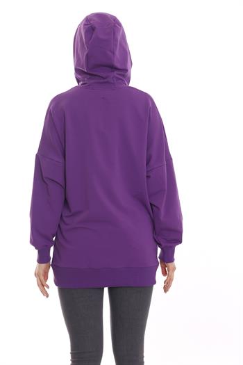Kapüşonu Çiçek Desenli Uzun Kollu Kanguru Cepli Oversize Mor Sweatshirt