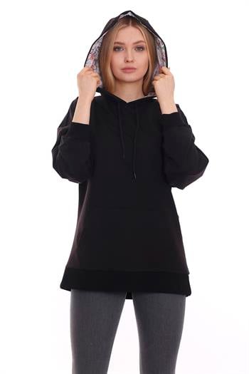 Kapüşonu Çiçek Desenli Uzun Kollu Kanguru Cepli Oversize Siyah Sweatshirt