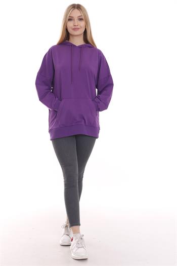 Kapüşonu Çiçek Desenli Uzun Kollu Kanguru Cepli Oversize Mor Sweatshirt