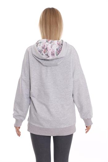 Kapüşonu Çiçek Desenli Uzun Kollu Kanguru Cepli Oversize Gri Sweatshirt