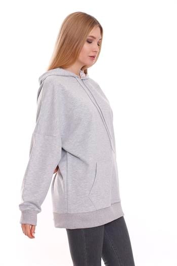 Kapüşonu Çiçek Desenli Uzun Kollu Kanguru Cepli Oversize Gri Sweatshirt