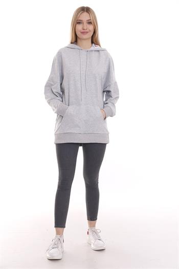 Kapüşonu Çiçek Desenli Uzun Kollu Kanguru Cepli Oversize Gri Sweatshirt